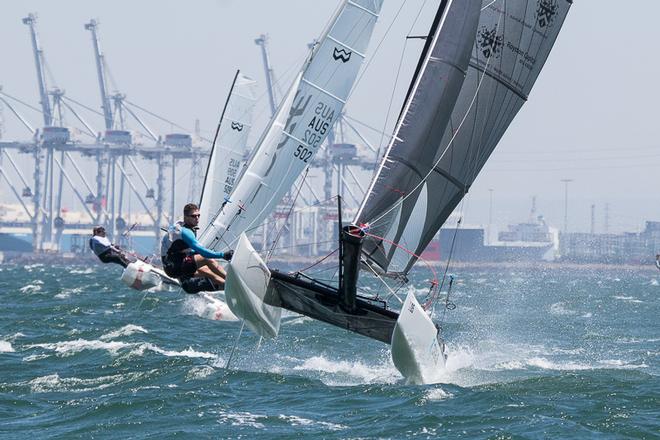 Chris Boag and Tom Salt won race eight, which was the first race of the day, and in the heaviest conditions (25 knots+) - Pinkster Gin 2017 F18 Australian Championship ©  Alex McKinnon Photography http://www.alexmckinnonphotography.com